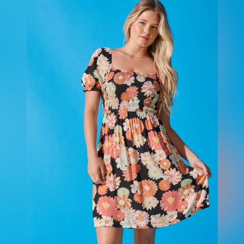 Roxy Hello Petal Mini Woven Dress Floral Black Orange Size S Feminine Prairie